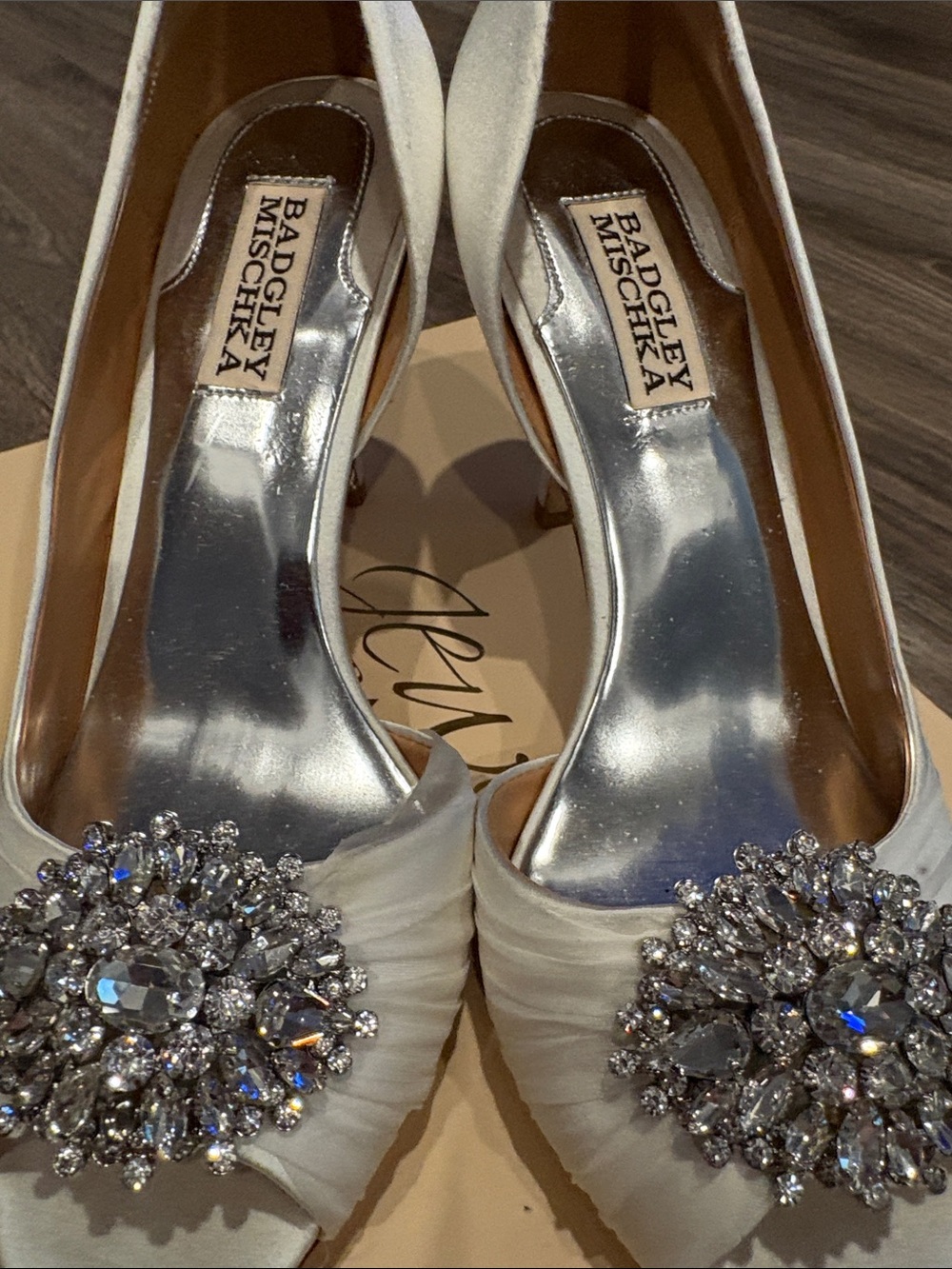 Badgley Mischka Ivory Crystal-Embellished Satin Heels